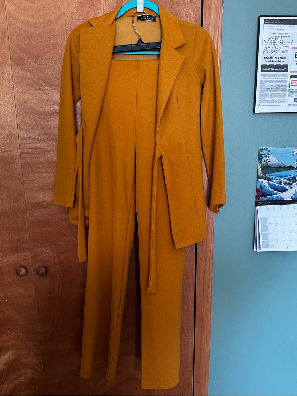 Blue Blush Tailored Mustard Wide-Leg Jumpsuit with Long Blazer Size Small